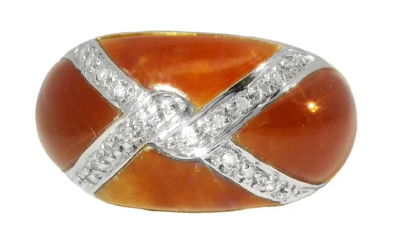 Ladies Leather Rings -Beautiful Estate 14K Yellow Gold Designer Red Carnelian X Diamond Band Ring