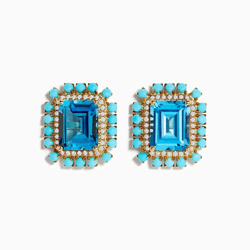 Ladies Earrings with Gold Sphalerite-14K Yellow Gold Blue Topaz, Turquoise and Diamond Earrings