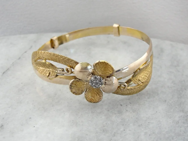 Ladies Motivation Bracelets -Textured Floral Gold Bangle Bracelet with Diamond Cluster