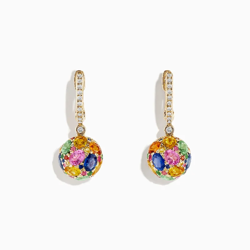 Ladies Earrings with Crescent Glow-Watercolors 14K Yellow Gold Multi Sapphire Ball Earrings