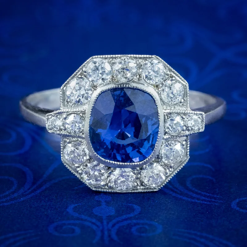 Ladies Planet Rings -Art Deco Style Blue Sapphire Diamond Cluster Ring Platinum 1.40Ct Sapphire