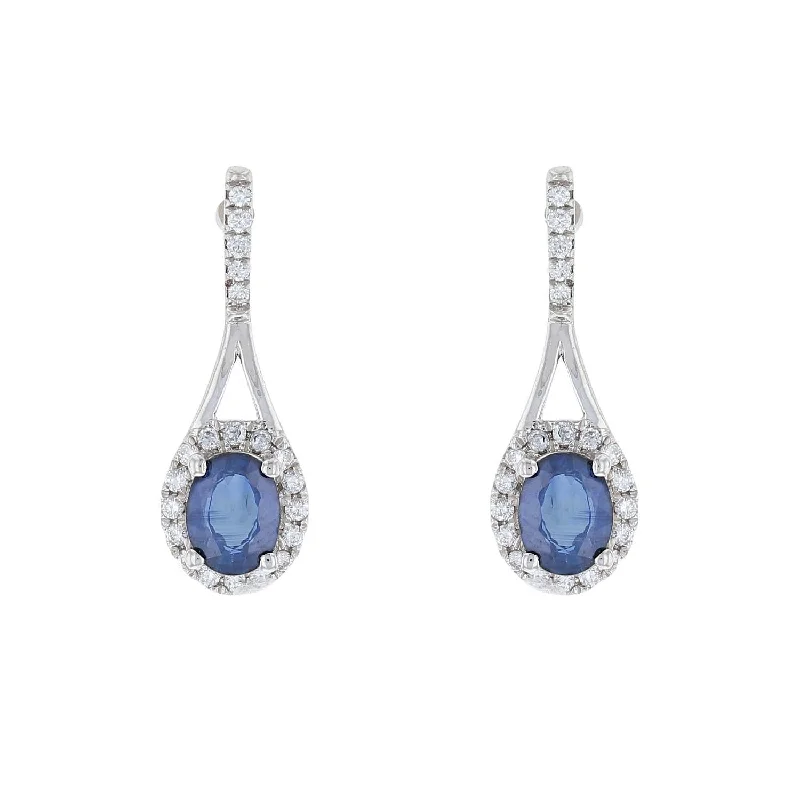 Ladies Earrings for Activist Glow-Oval Sapphire Diamond Halo Drop Earrings