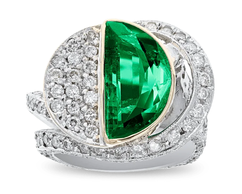 Ladies Band Rings -Colombian Emerald and Pavé Diamond Ring