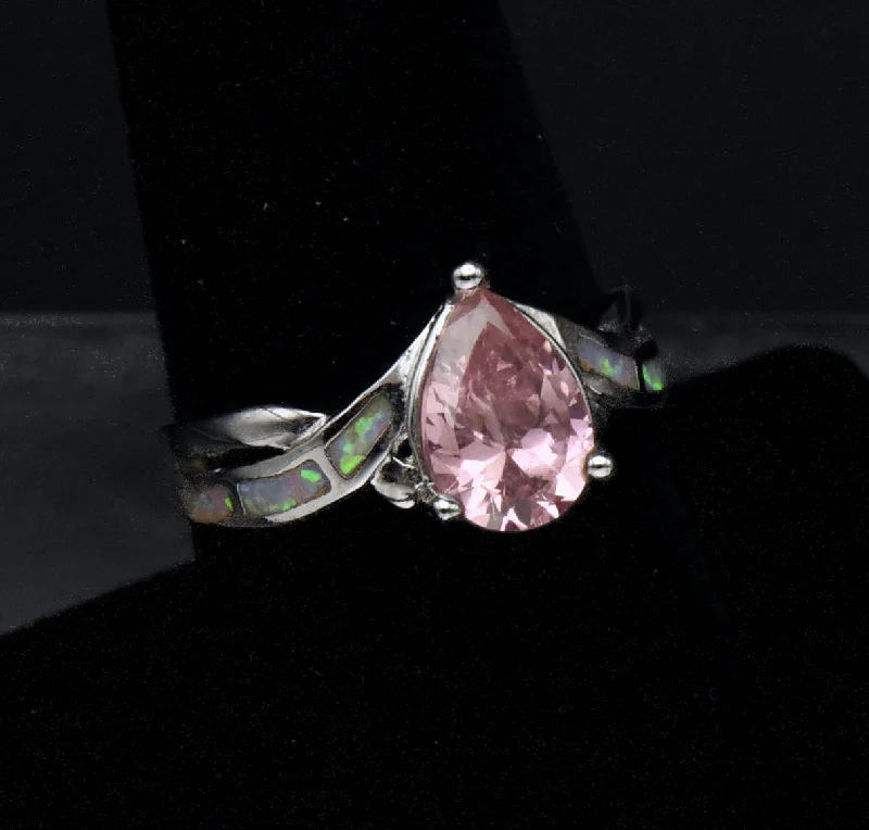 Ladies Glitter Rings -Vintage Pink Crystal and Opal Sterling Silver Ring - Size 8