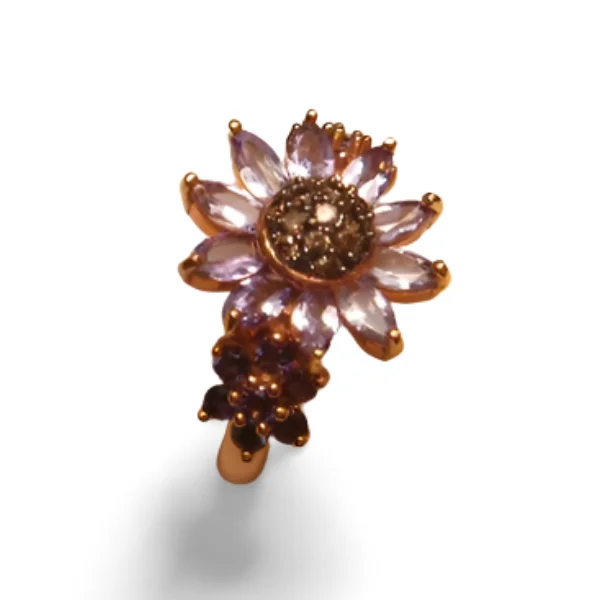 Ladies 925 Silver Rings -Stunning Estate 14K Pink Rose Gold Iolite Tanzanite Sunflower Band Ring