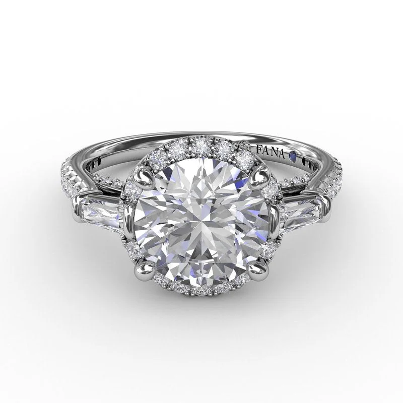 Ladies Engagement Rings Lotus Shine-Vintage Round Diamond Halo Engagement Ring With Tapered Baguettes S3278