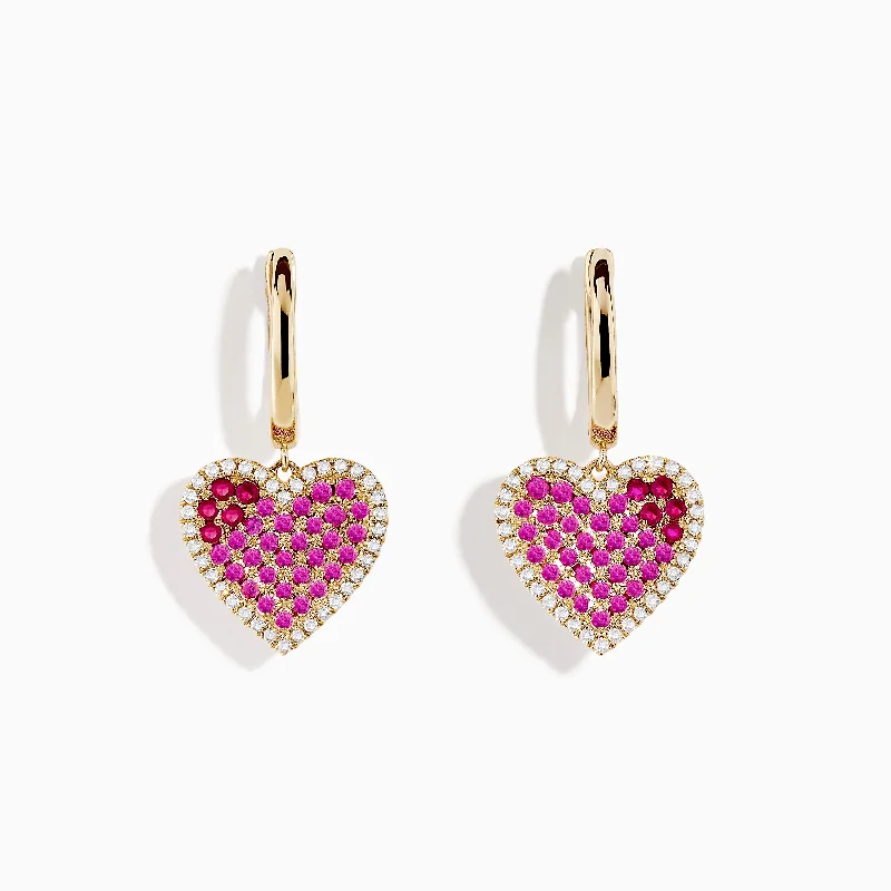 Ladies Earrings with Cream Howlite-Novelty 14K Yellow Gold Ruby, Pink Sapphire and Diamond Heart Earrings