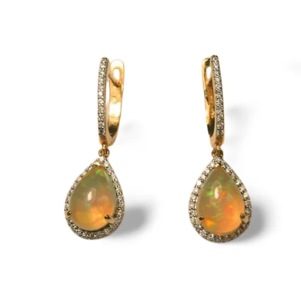 Ladies Earrings with Hidden Charm-Gorgeous 14K Yellow Gold Tear Opal Diamond Drop Earrings