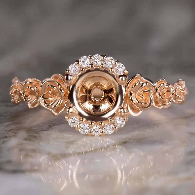 Ladies Engagement Rings Crescent Spark-FLORAL NATURAL DIAMOND RING SETTING 14K ROSE GOLD FLOWER ENGAGEMENT SEMI MOUNT