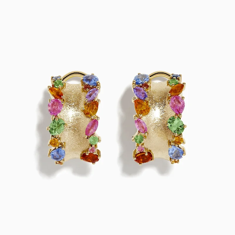 Ladies Earrings Wave Drops-Watercolor 14k Yellow Gold Multi Sapphire Earrings