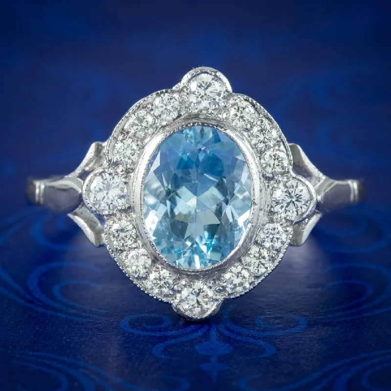 Art Deco Style Aquamarine Diamond Ring 1.6ct Aqua