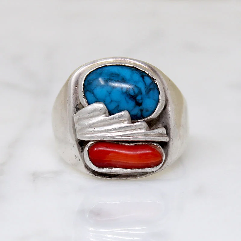 Ladies Crystal Rings -Chunky Modernist Turquoise & Coral Ring