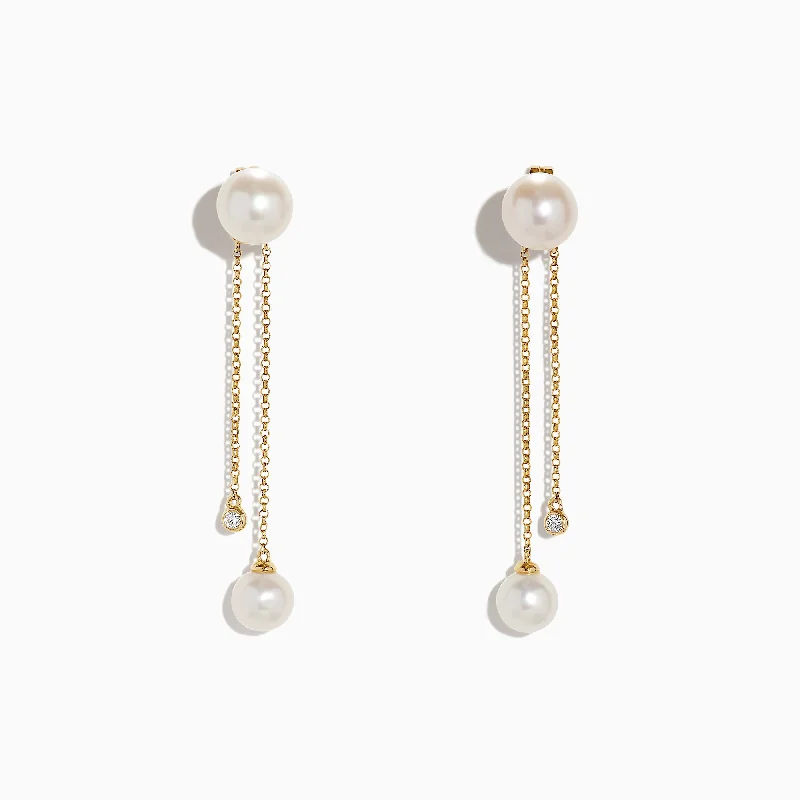 Ladies Earrings with Peach Carnelian-14K Yellow Gold Diamond and Fresh Water Pearl Drop Earrings, 0.05 TCW