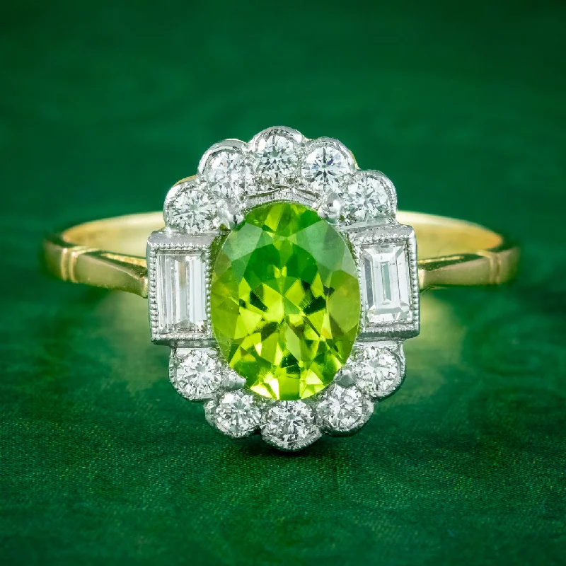 Ladies Sparkly Rings -Art Deco Style Peridot Diamond Cluster Ring 1.3ct Peridot