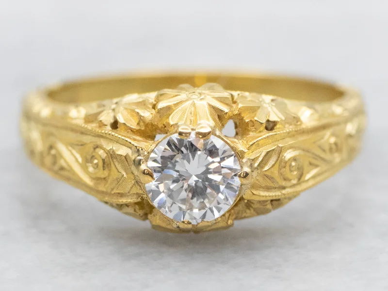 Ladies Engagement Rings Bezel Glow-Finely Carved Diamond Solitaire Gold Engagement Ring