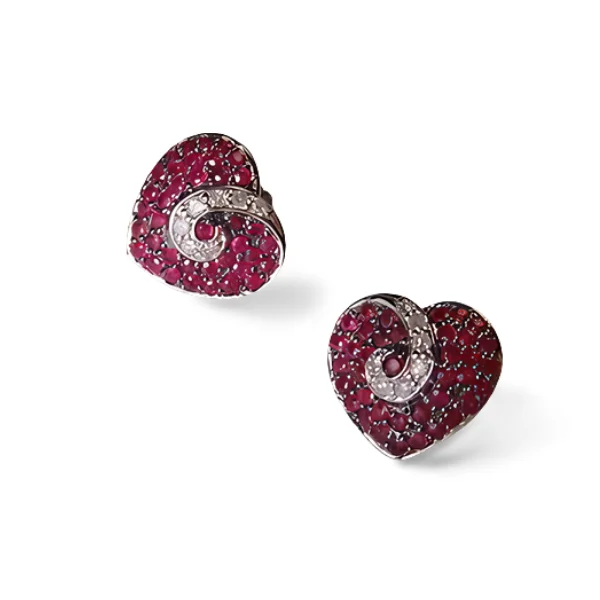 Ladies Earrings Simple Chic-Gorgeous 14K White Gold Ruby Rubies Diamond Designer Heart Stud Earrings