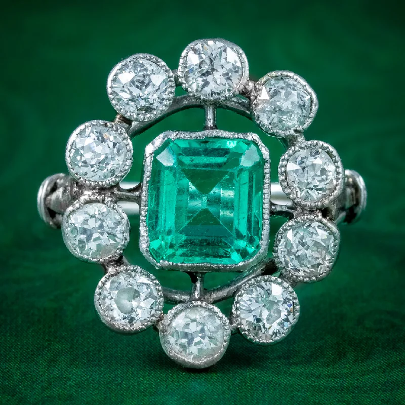 Ladies Resin Rings -Antique Art Deco Emerald Diamond Cluster Ring 1.7ct Emerald