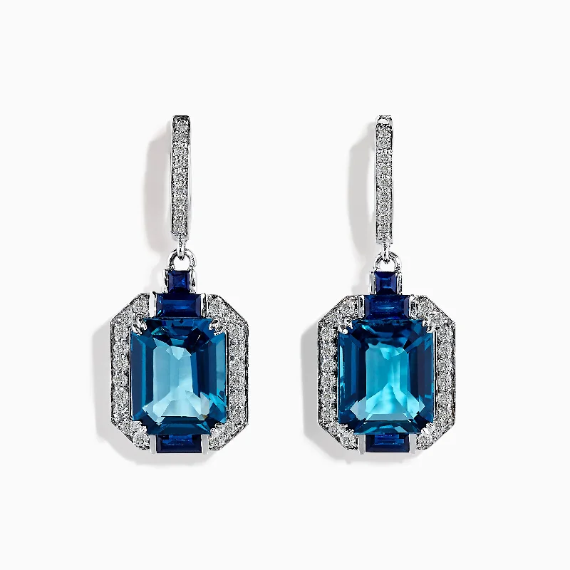 Ladies Earrings with Plum Axinite-Ocean Bleu 14K Gold London Blue Topaz and Diamond Earrings, 8.74 TCW