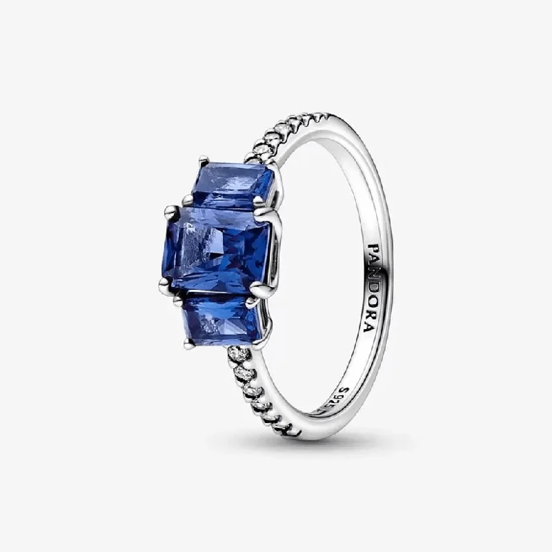 Ladies Elegant Rings -PANDORA : Blue Rectangular Three Stone Sparkling Ring