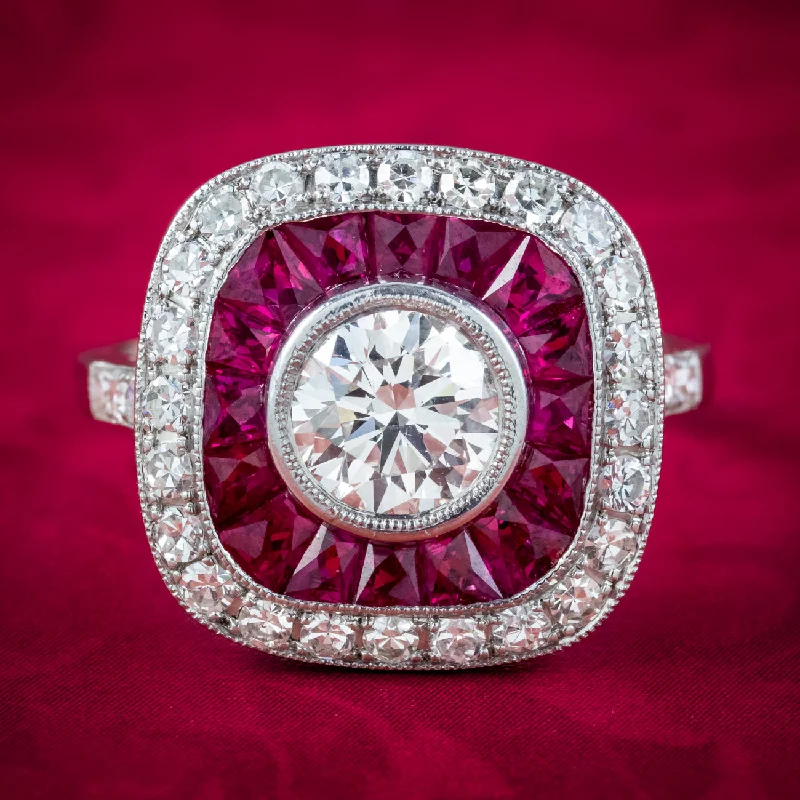 Ladies Designer Rings -Art Deco Style Diamond Ruby Target Cluster Ring 2.5ct Of Diamond