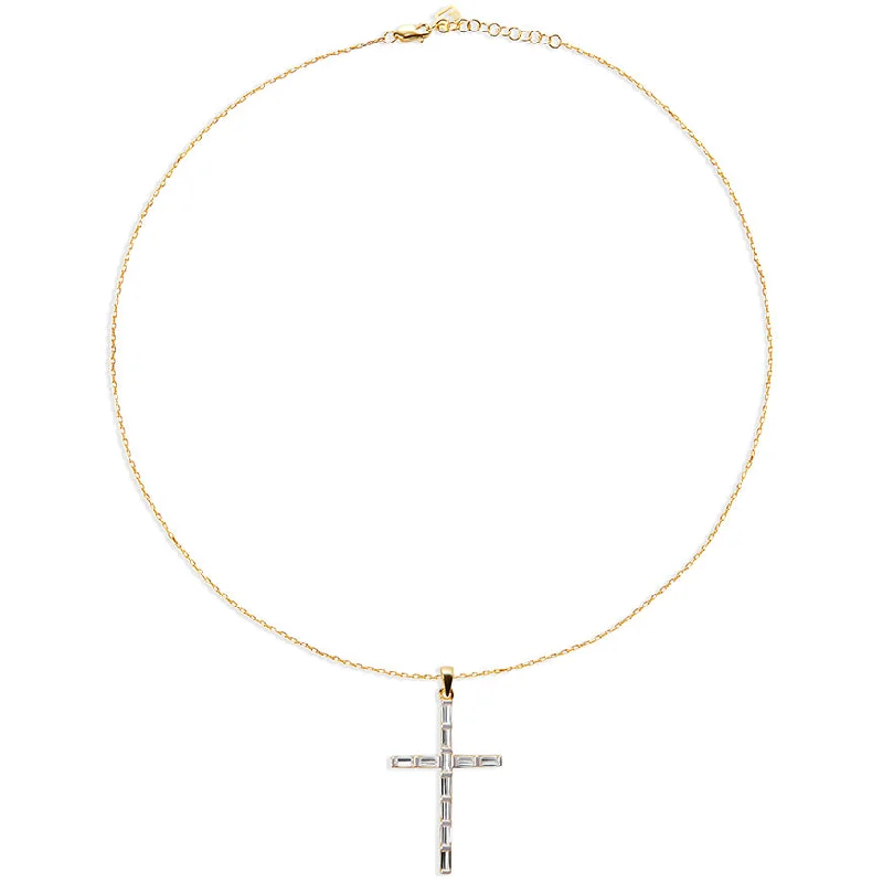 Ladies Necklaces Woven Chain-THE BAGUETTE CROSS PENDANT NECKLACE