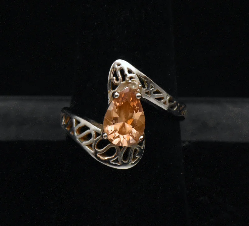 Ladies Antique Rings -Vintage Orange Cubic Zirconia Sterling Silver Ring - Size 8