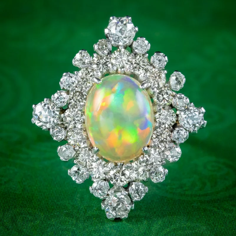 Ladies Chunky Rings -Antique Art Deco Opal Diamond Cluster Ring 3.5ct Opal