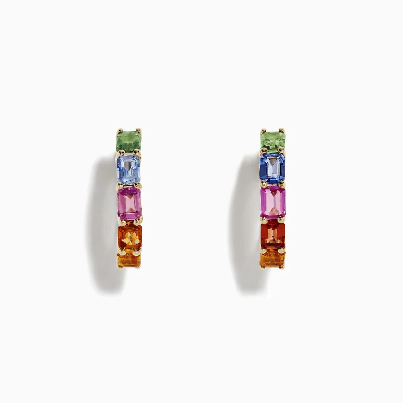 Ladies Earrings with Clear Zircon-Watercolor 14k Gold Emerald Cut Multi Sapphire Hoop Earrings