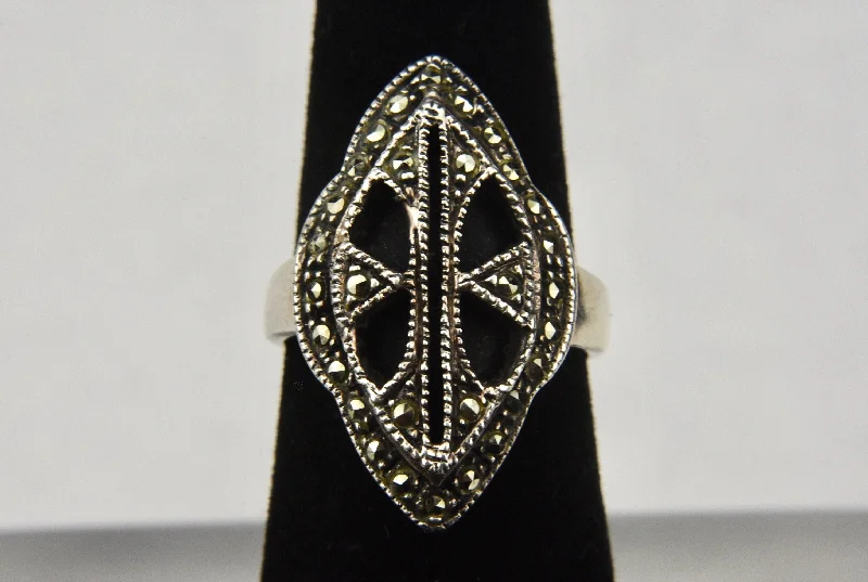 Ladies Family Rings -Art Deco Sterling Silver Black Onyx and Marcasite Ring - Size 6