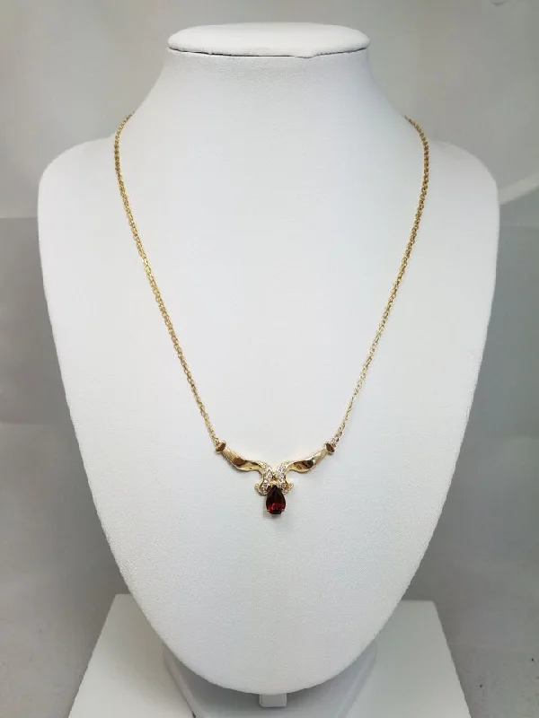 Ladies Necklaces for Winter Spark-18" Striking Garnet + Diamond 14k Yellow Gold Pendant Necklace