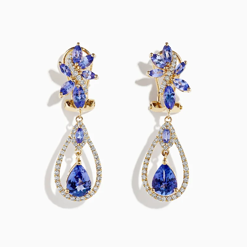 Ladies Earrings with Green Grandidierite-14K Yellow Gold Tanzanite and Diamond Earrings