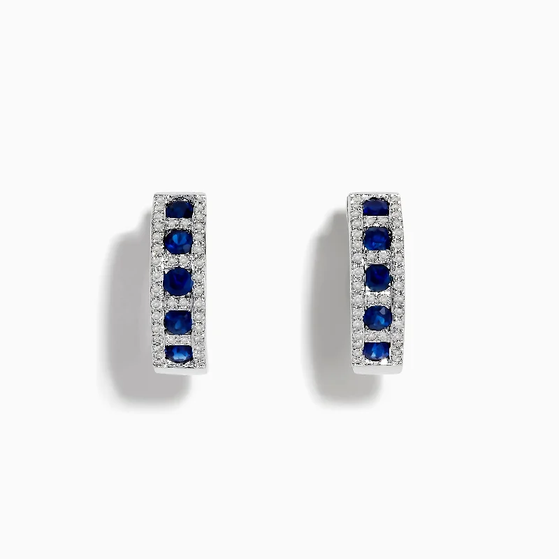 Ladies Earrings with Aqua Hemimorphite-Royale Bleu 14K White Gold Sapphire & Diamond Hoop Earrings, 1.03 TCW