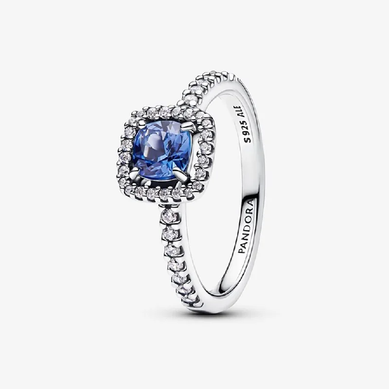 Ladies Dainty Rings -PANDORA : Sparkling Square Blue Halo Ring