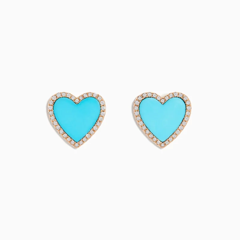 Ladies Earrings Multi Drops-14K Rose Gold Turquoise and Diamond Heart Earrings