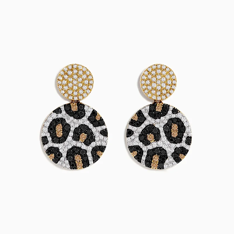 Ladies Earrings with Pure Okenite-14K Gold Black, Espresso and White Diamond Panther Spot Drop Earrings, 1.57 TCW