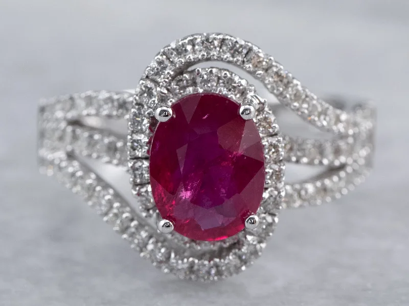 Ladies Engagement Rings with Lawsonite Shine-Modern Ruby Diamond Halo White Gold Engagement Ring