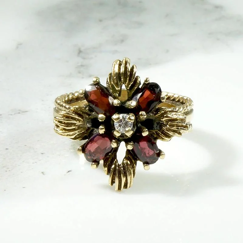 Ladies Planet Rings -Gold & Garnet Petaled Flower Ring