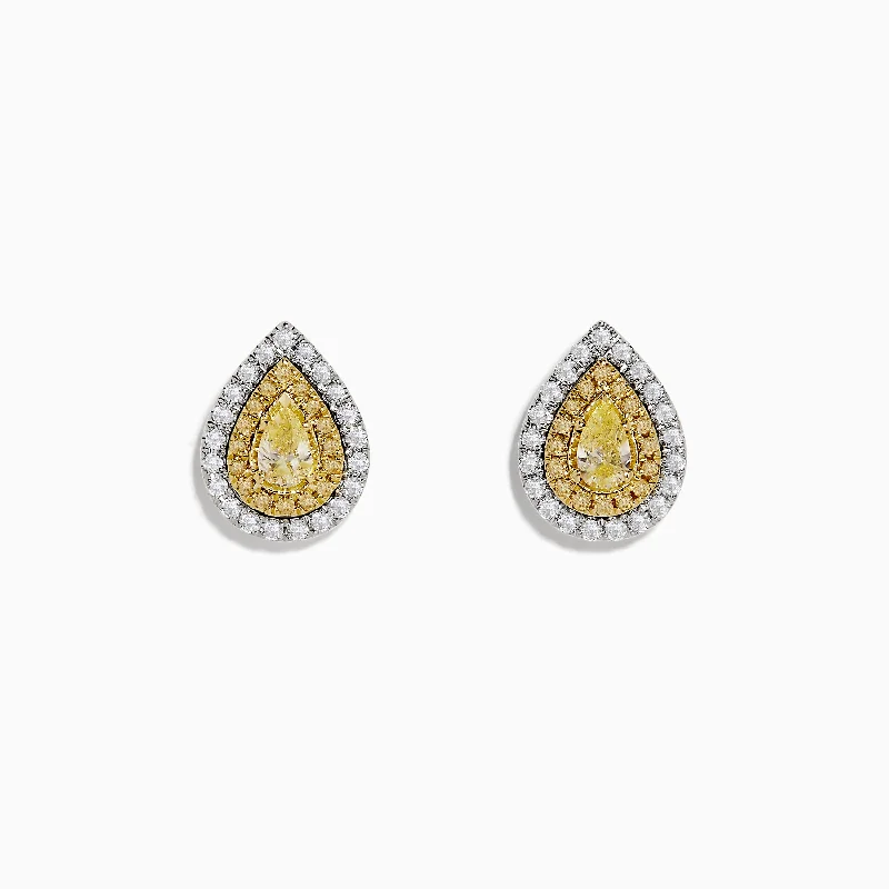 Ladies Earrings with Jade Charm-Canare 18k Two Tone Pear Shaped Double Halo Yellow Diamond Stud Earrings