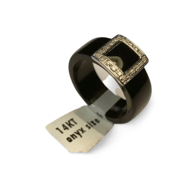 Ladies Farmhouse Rings -Fabulous Estate 14K White Gold Onyx Diamond Bold Buckle Ring Band