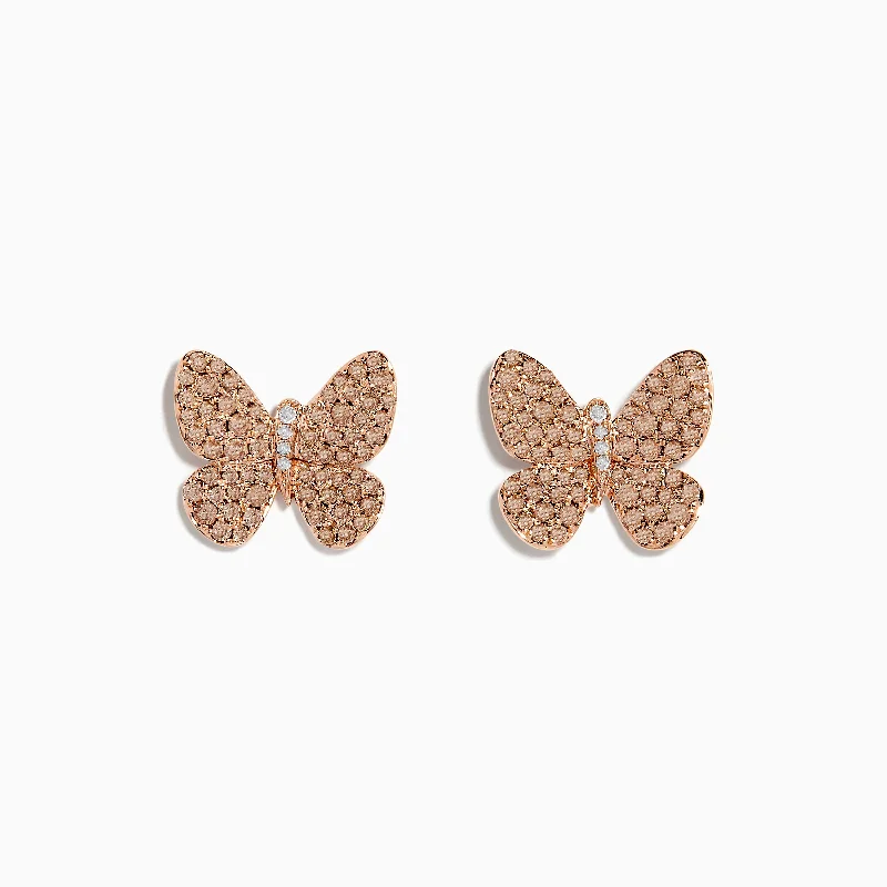 Ladies Earrings with Crimson Zincite-14K Rose Gold Diamond Butterfly Earrings