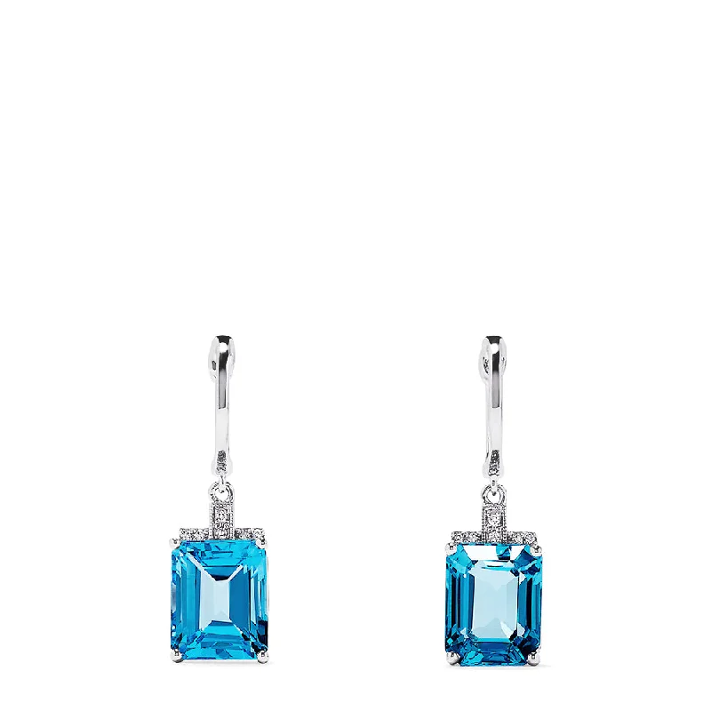 Ladies Earrings with Olive Idocrase-14K White Gold Emerald Cut Blue Topaz and Diamond Drop Earrings, 9.25 TCW