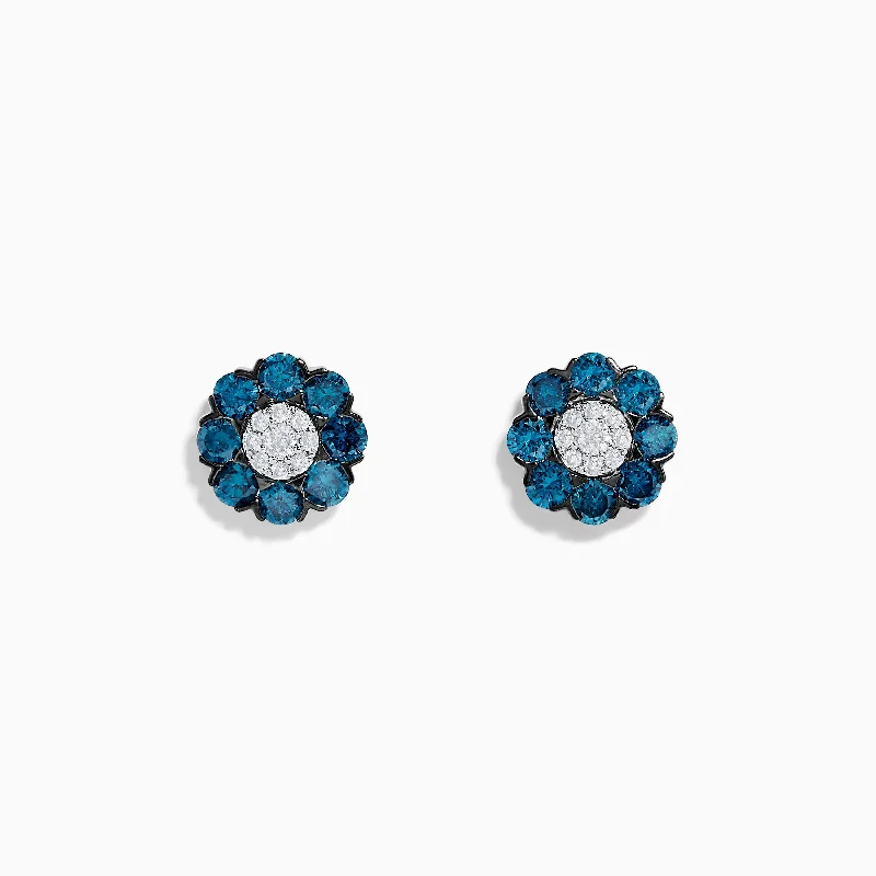 Ladies Earrings with Plum Axinite-Bella Bleu 14K White Gold Blue and White Diamond Flower Stud Earrings