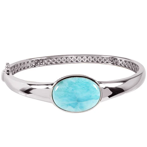 Ladies Soulful Bracelets -Sterling Silver Oval Larimar Bangle Bracelet