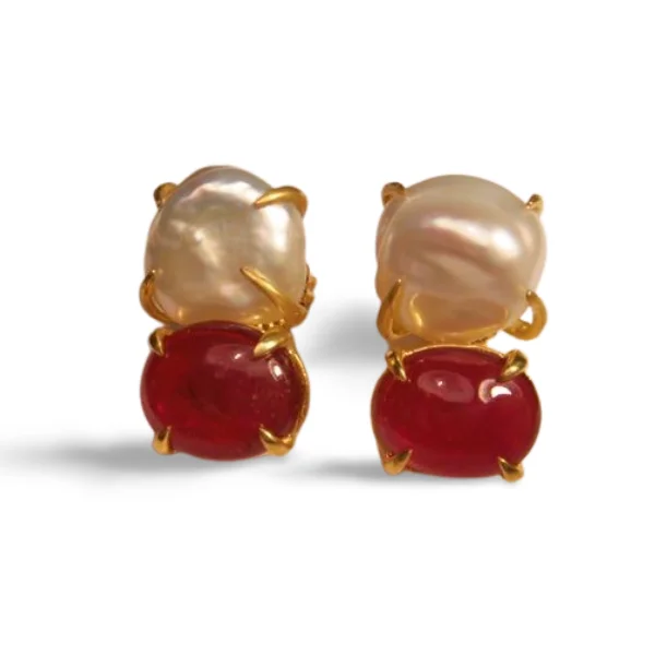 Ladies Earrings Always Glow-14K Yellow Gold Vermeil Silver Cabochon Ruby Baroque Pearl Designer Drop Earrings