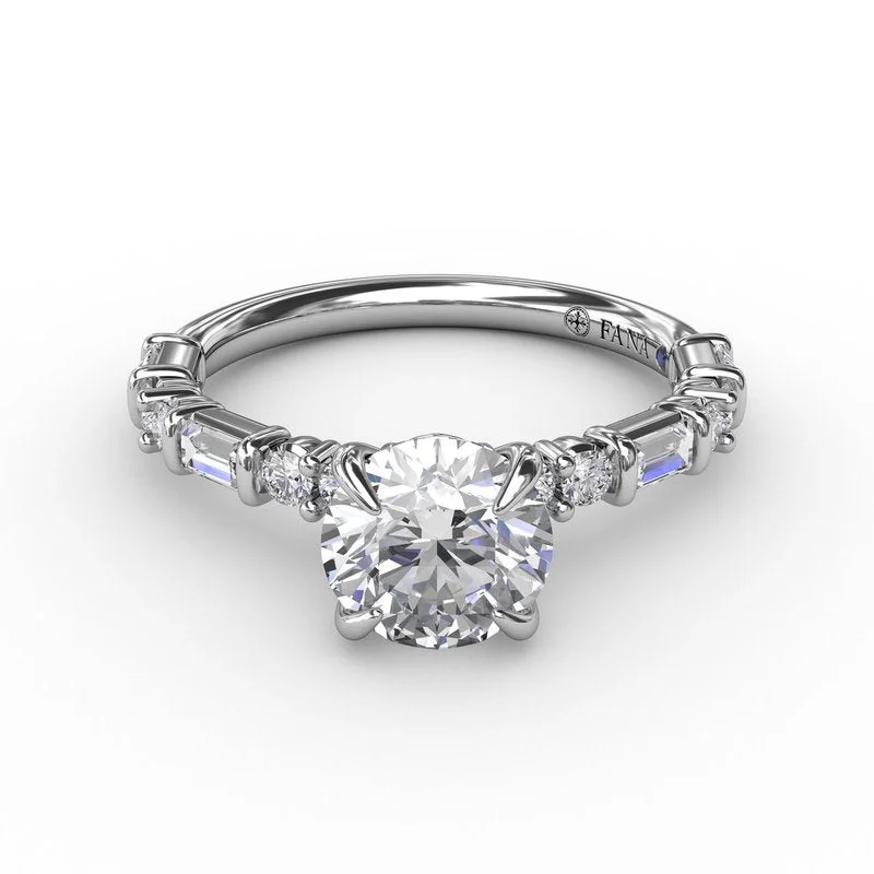 Ladies Engagement Rings Petite Glow-Contemporary Diamond Solitaire Engagement Ring With Baguettes and Round Diamond Accents S3320