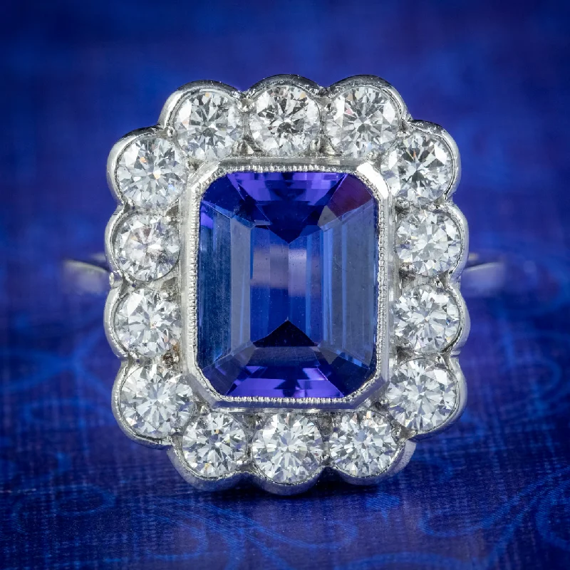 Ladies Oval Rings -Art Deco Style Tanzanite Diamond Cluster Ring 3.50ct Tanzanite