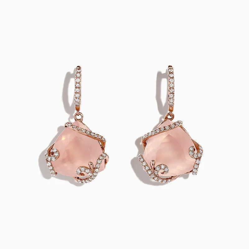 Ladies Earrings Braided Hoops-14K Rose Gold Rose Quartz and Diamond Earrings, 13.05 TCW