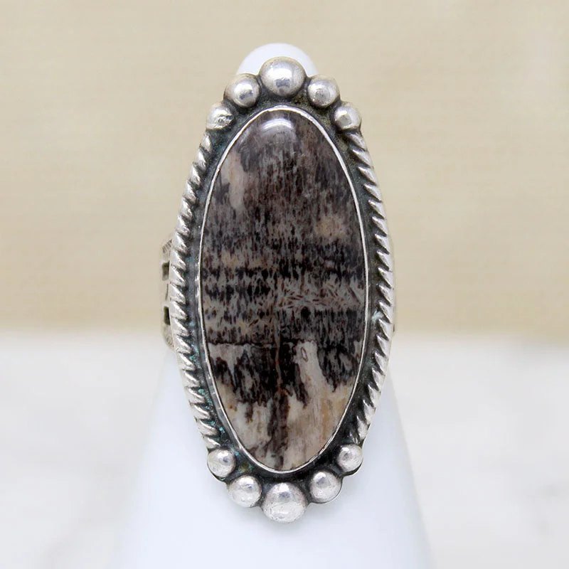 Ladies Flower Rings -Dappled Agate in Rocker Stamped Silver Ring