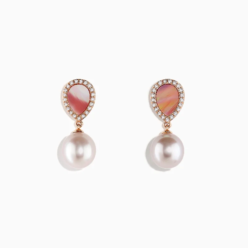 Ladies Earrings with Sun Shine-Peark 14K Rose Gold Pearl, Mother of Pearl and Diamond Earrings