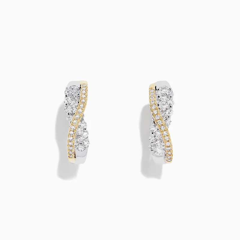 Ladies Earrings for Holiday Glow-14K White and Yellow Gold 3/4" Diamond Crossover Hoop Earrings, 1.00 TCW